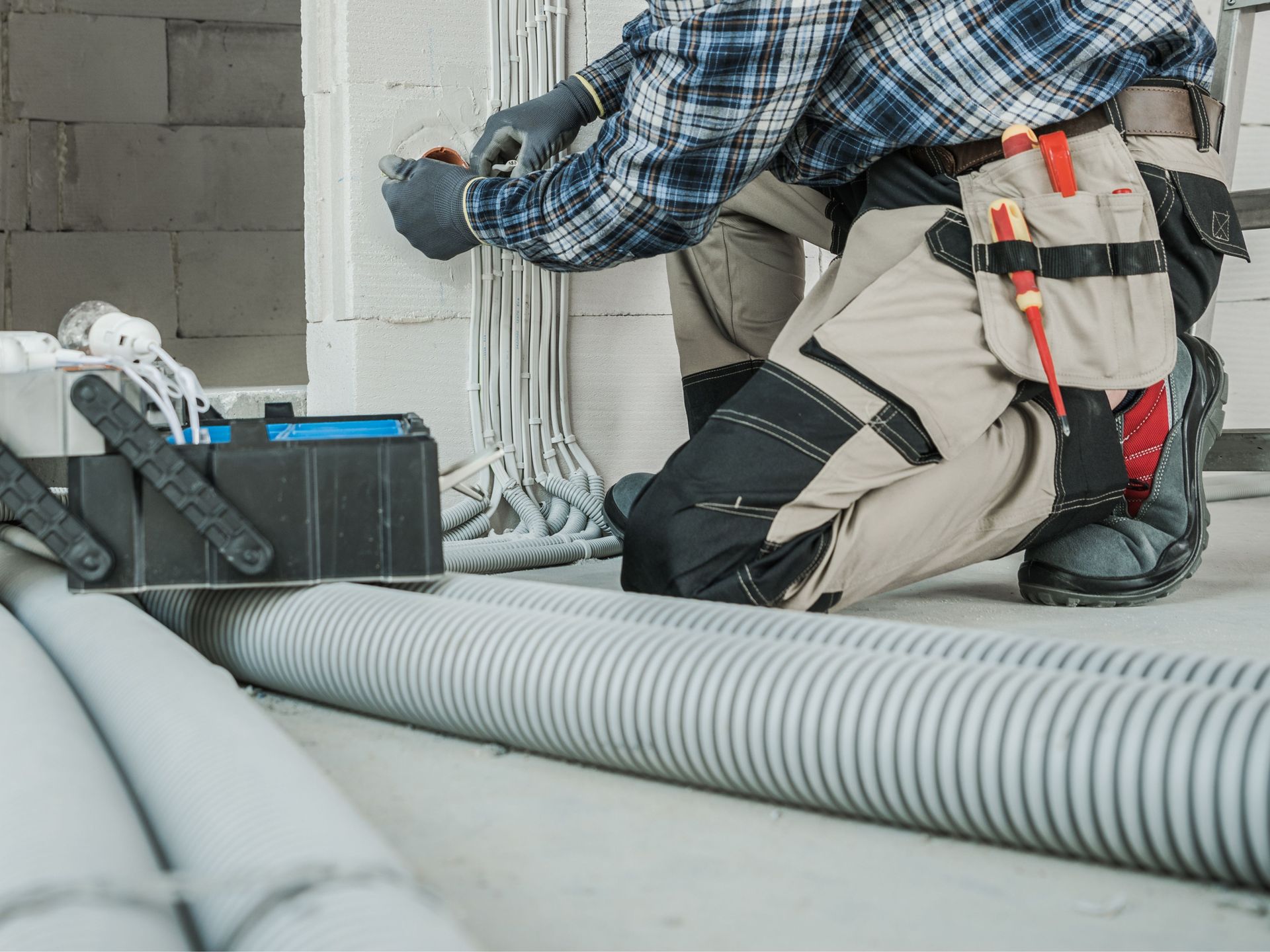 A man is kneeling down while working on a wall.
