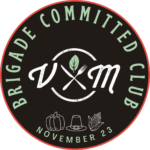 Brigade Committed Club logo with text, utensils, leaf, pumpkin, hat, corn; November 23 date, dark background.
