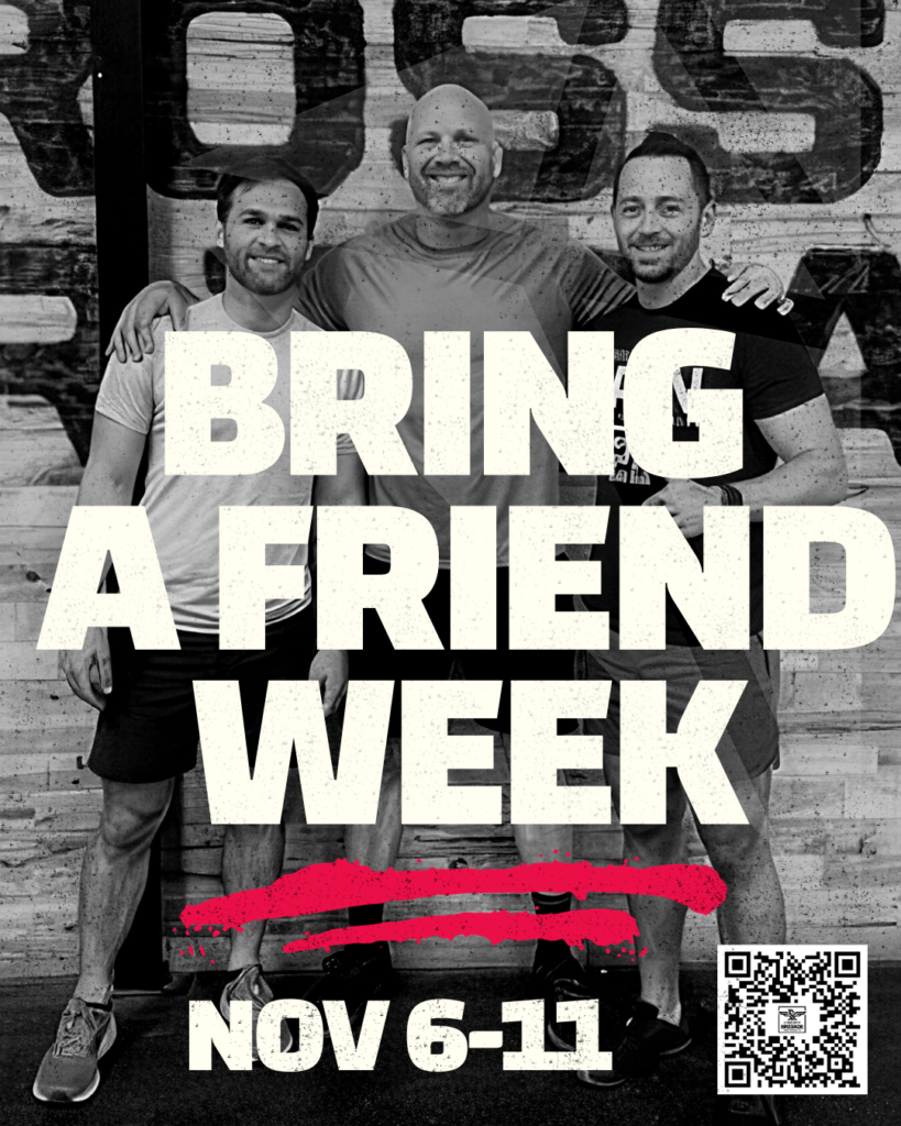 Bring a friend week at a CrossFit gym: three men smiling; text reads 