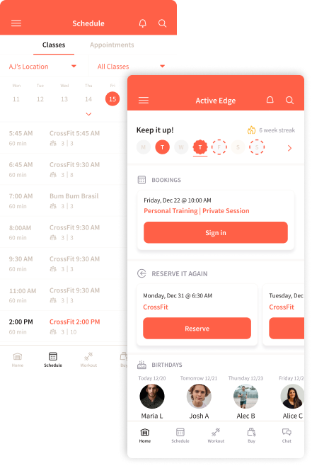 Mobile app interface: Orange and white screens for scheduling classes and personal training sessions.