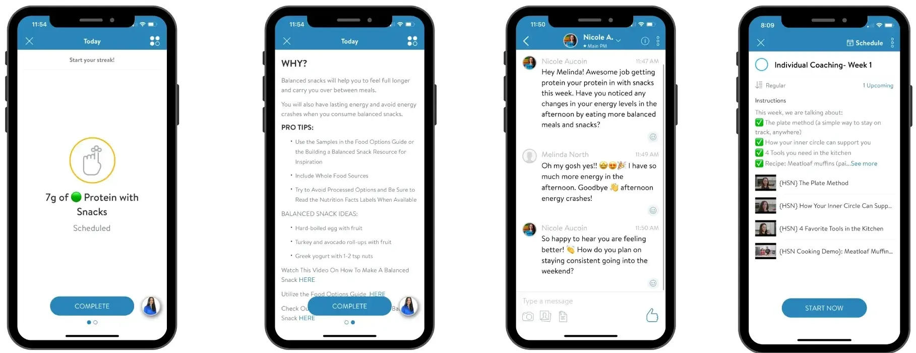 Four smartphone screens, each displaying a different view of a social media app interface.