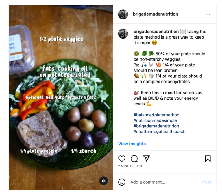 Plate of food illustrating balanced portions: veggies, protein, starch, and salad.