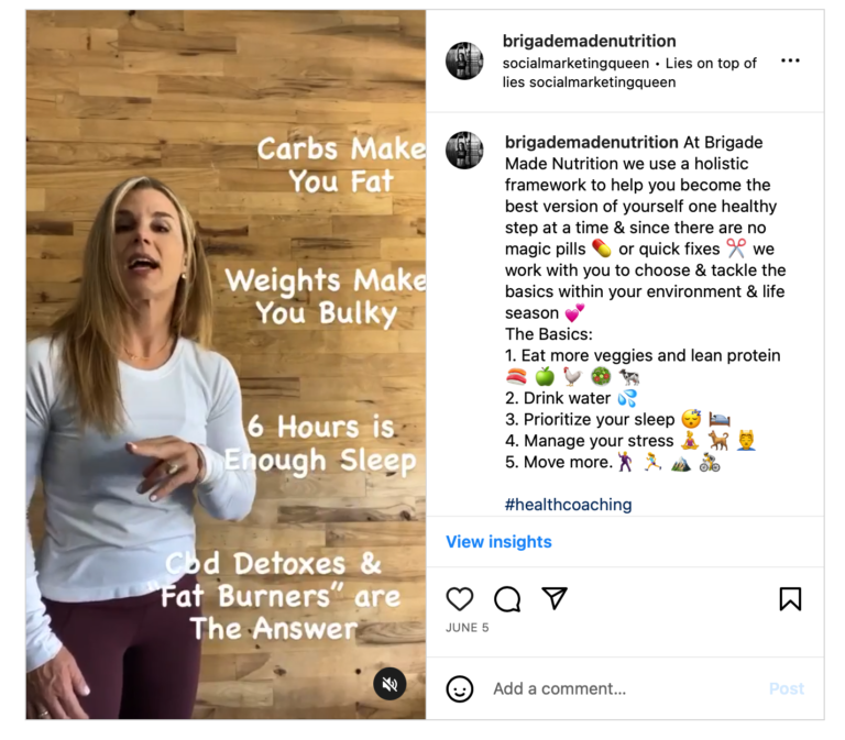 Woman standing in front of text on a wooden wall. She's promoting healthy living tips on social media.