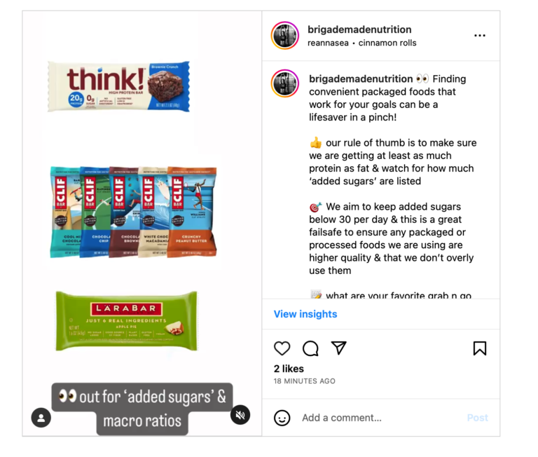 Advertisements for energy bars: think!, CLIF, and LARABAR, with nutritional information.