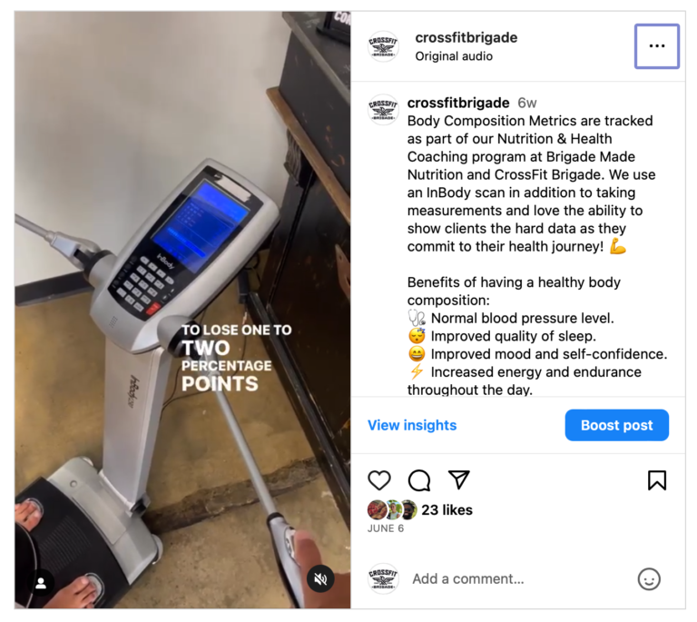 An InBody scan machine at CrossFit Brigade, used for body composition metrics. Includes text on benefits of healthy body composition.