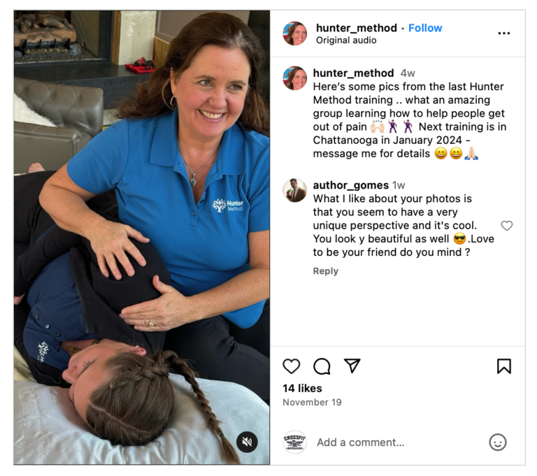 Woman in blue shirt demonstrating Hunter Method on another person.