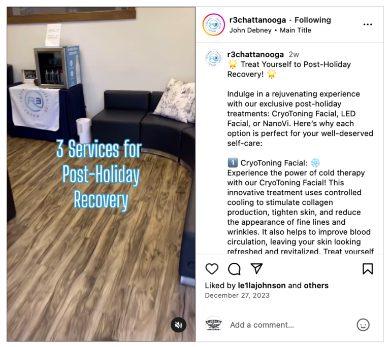 Post promoting post-holiday recovery services. Text overlay: CryoToning, LED Facial, NanoVi. Interior shot with waiting area and equipment.
