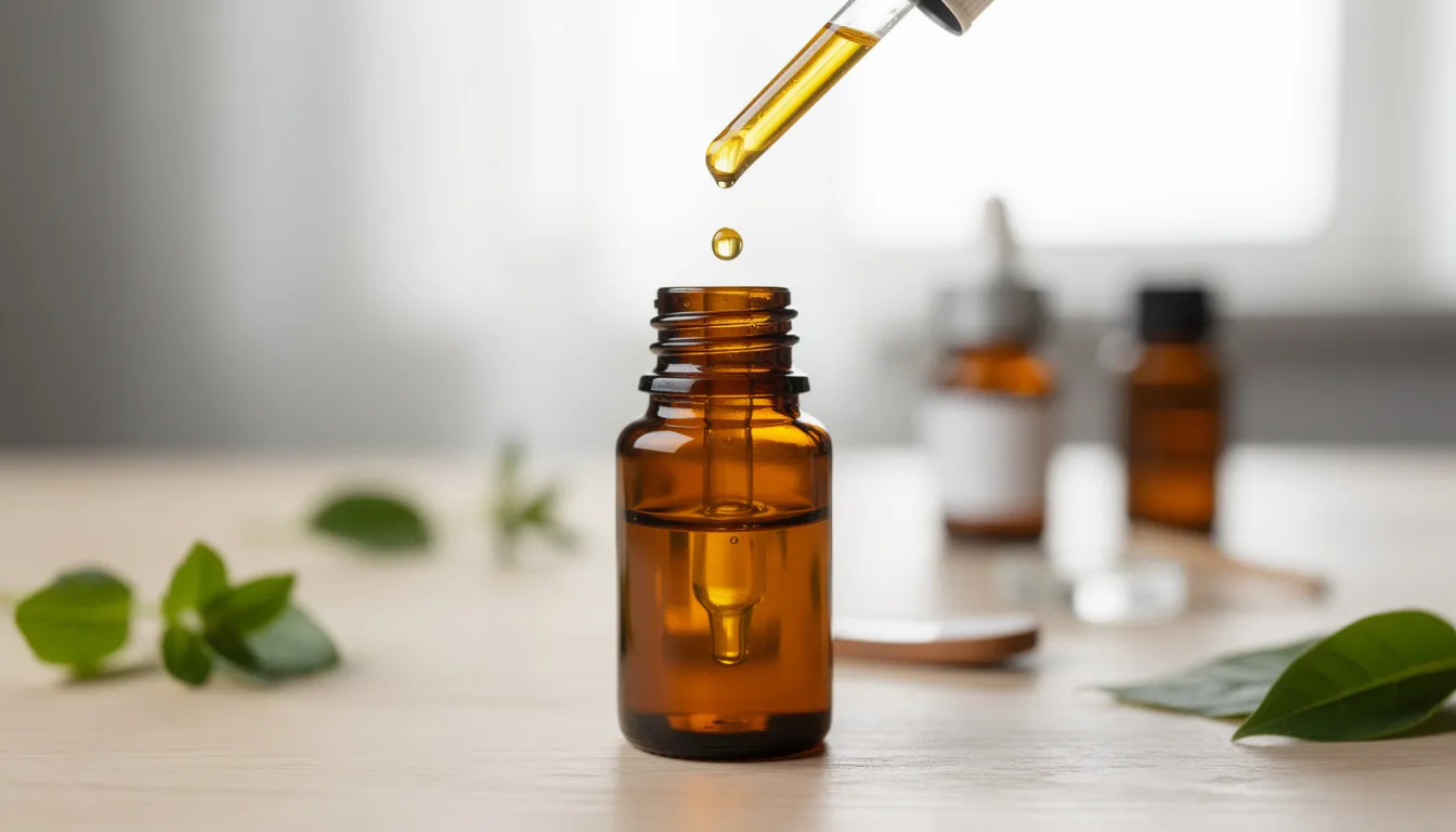 The image shows drops of oregano essential oil being carefully mixed with a carrier oil in a glass bottle, highlighting the process of creating a natural remedy known for its antibacterial properties. This mixture may help combat harmful bacteria, including staphylococcus aureus and escherichia coli, and is often used in alternative medicine for its health benefits.