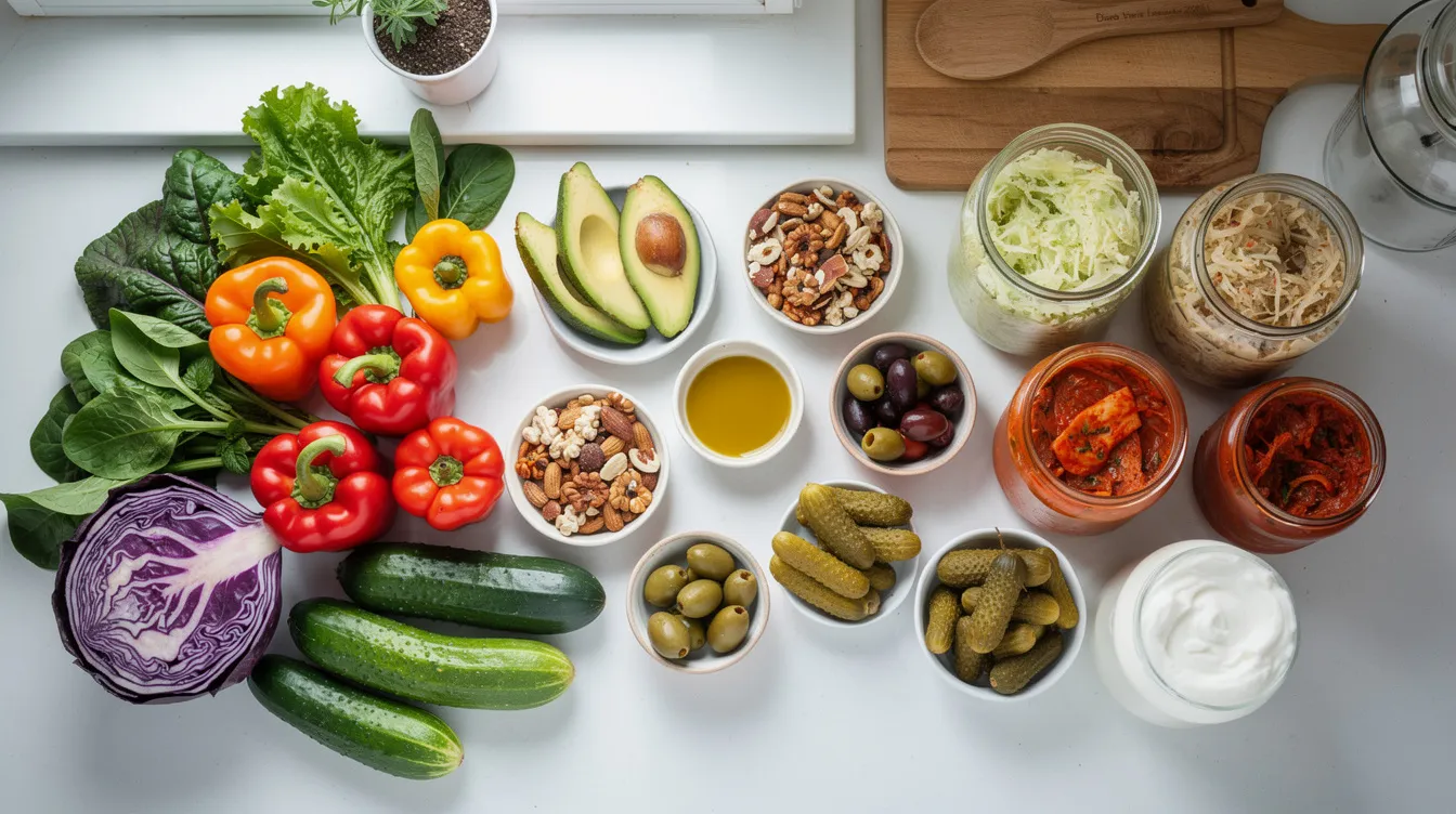 A vibrant assortment of fresh vegetables, healthy fats, and fermented foods is artfully displayed on a kitchen counter, promoting gut health and a balanced diet. This colorful spread highlights the benefits of natural compounds like oregano oil, known for its antifungal properties against candida overgrowth and support for the immune system.