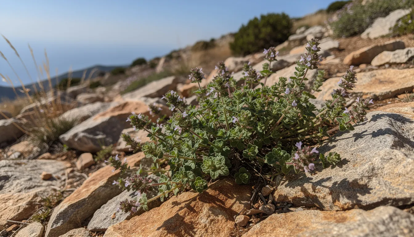 A small, hardy green shrub with tiny light purple flowers grows amidst rocky terrain with a distant sea in the background.