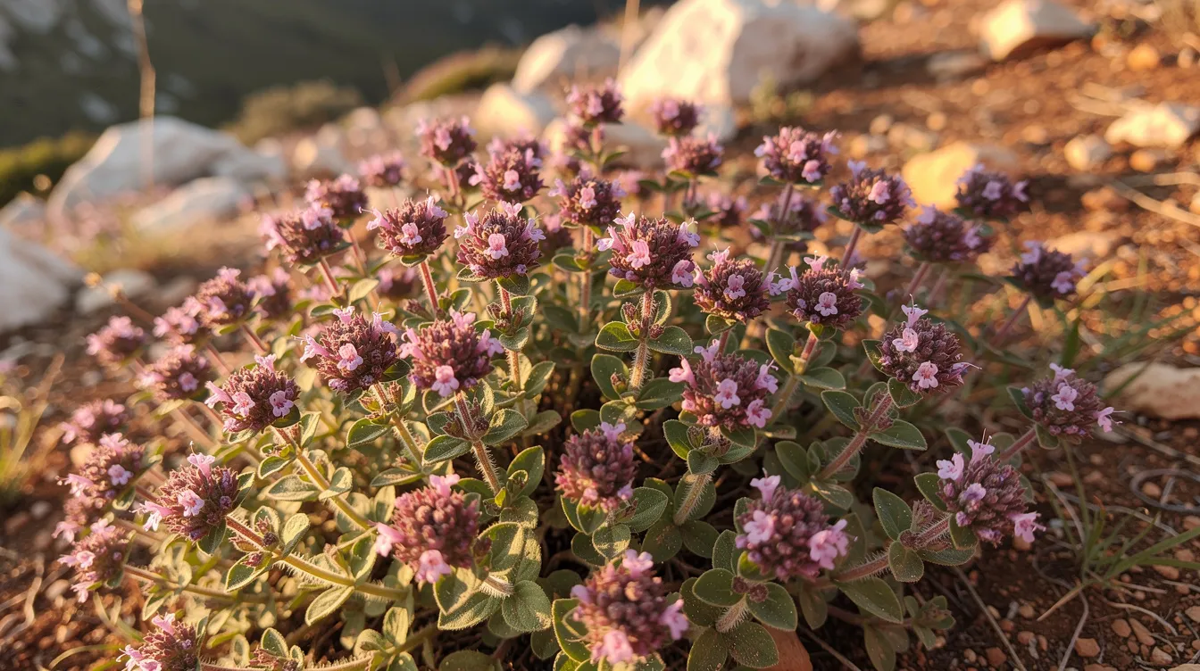 Pink wildflowers growing among rocks in warm sunlight