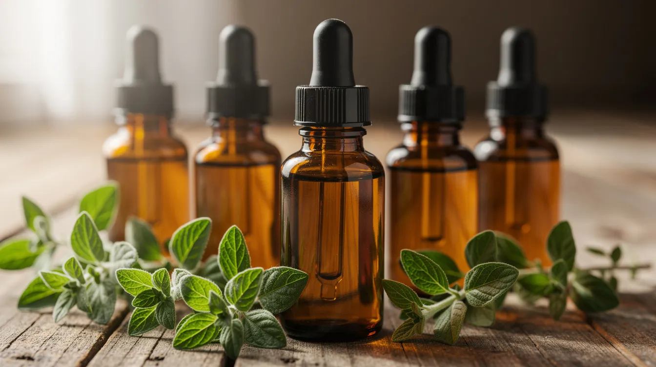 The image features amber glass bottles filled with oregano oil, positioned next to fresh oregano sprigs on a wooden surface. This arrangement highlights the natural compounds of oregano, known for their antifungal properties, which may help combat issues like candida overgrowth and support gut health.