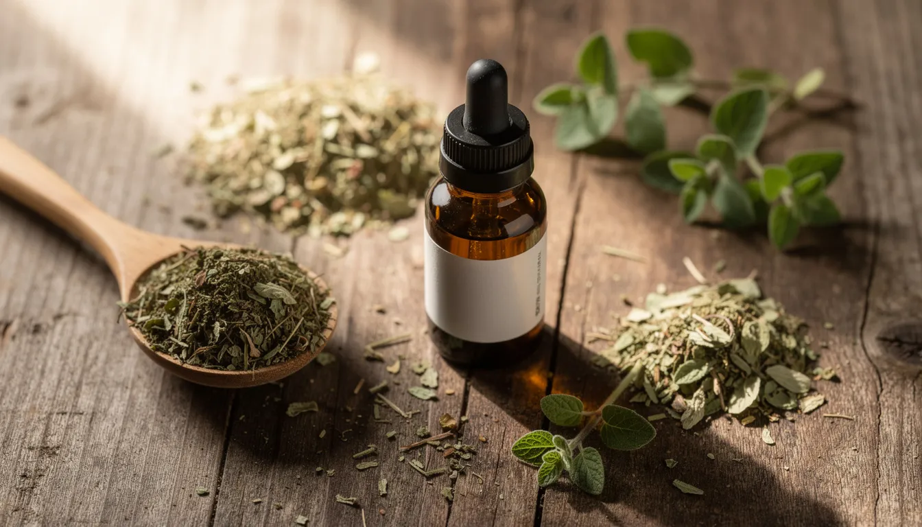 The image features dried oregano leaves alongside a small bottle of oregano essential oil, both placed on a rustic wooden surface. This common herb, known for its antimicrobial properties, is often used in alternative medicine to help combat harmful bacteria and support overall health.
