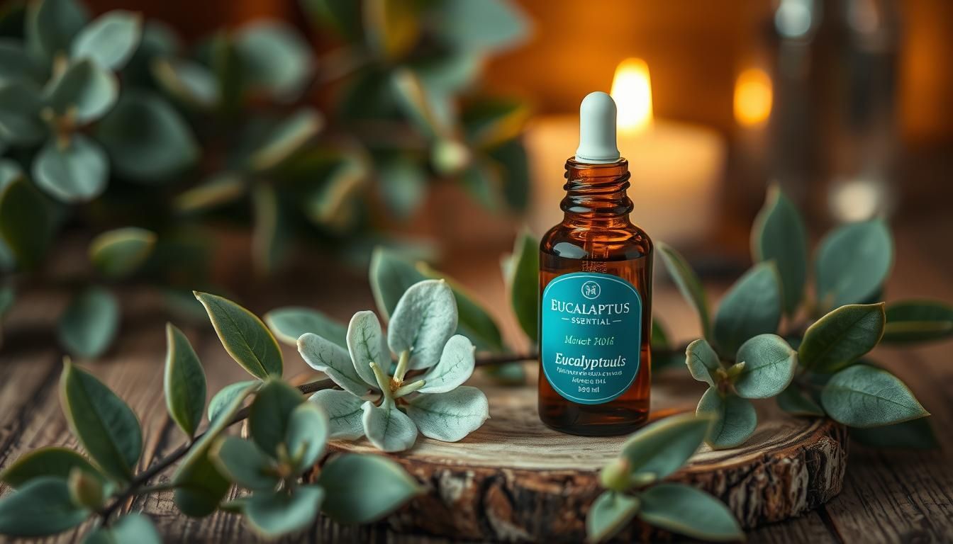 A bottle of essential oil is sitting on a wooden table next to a candle.