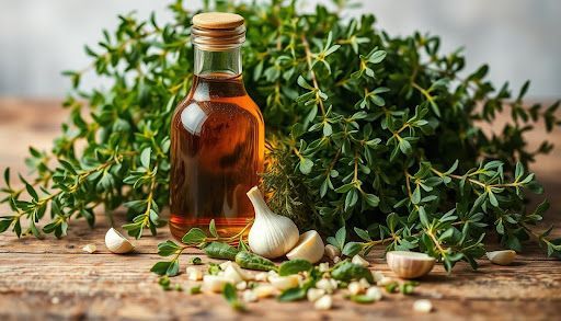 A bottle of oil is sitting on a wooden table next to garlic and thyme.
