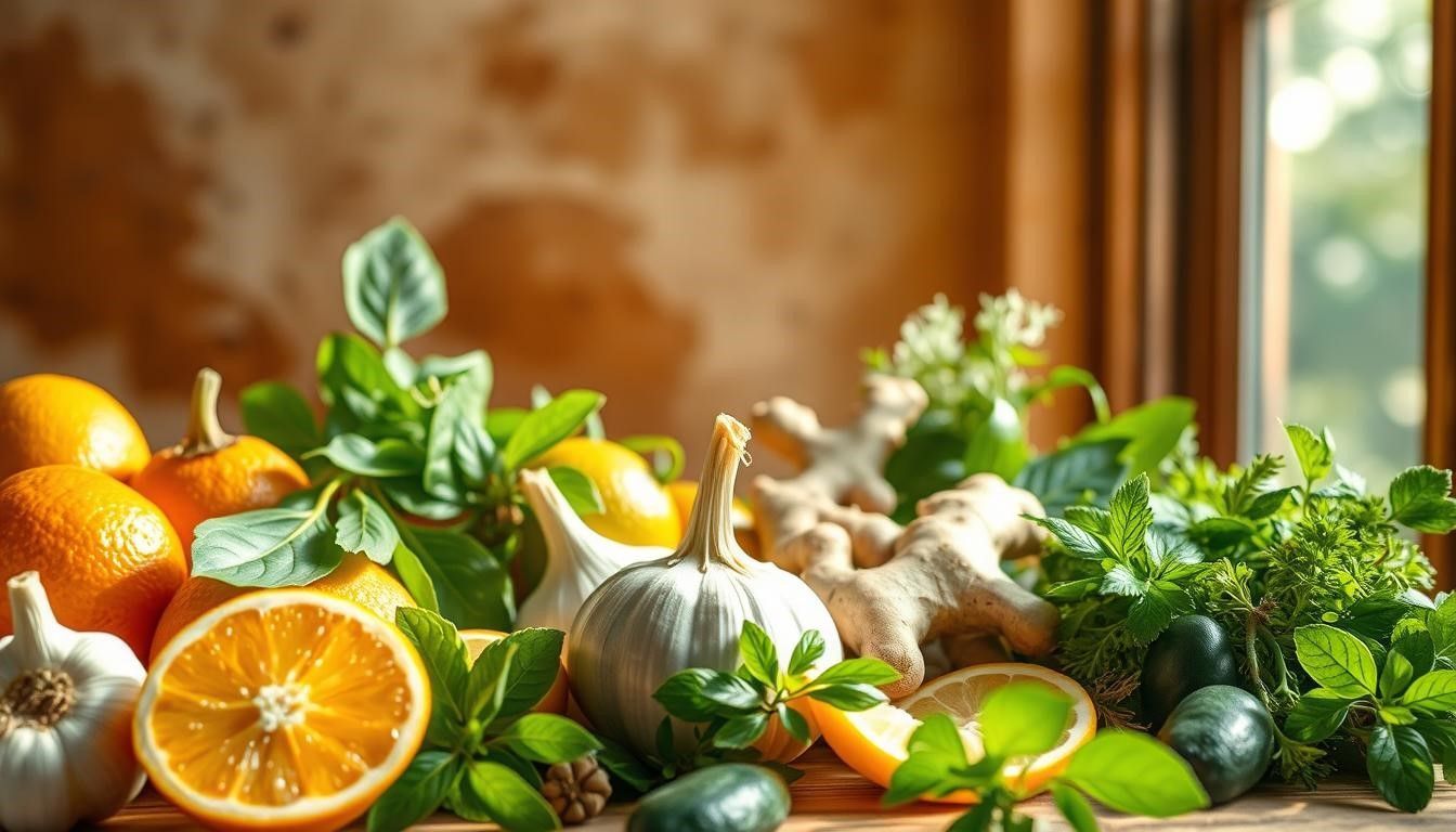 Oranges, lemons, herbs, and ginger arranged on a wooden surface near a window.
