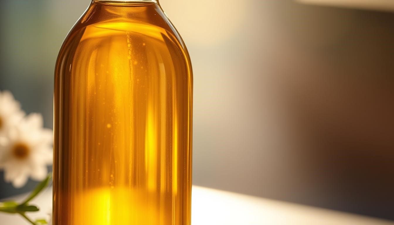 Bottle of amber-colored liquid, likely oil, with blurry background and white flowers in the corner.
