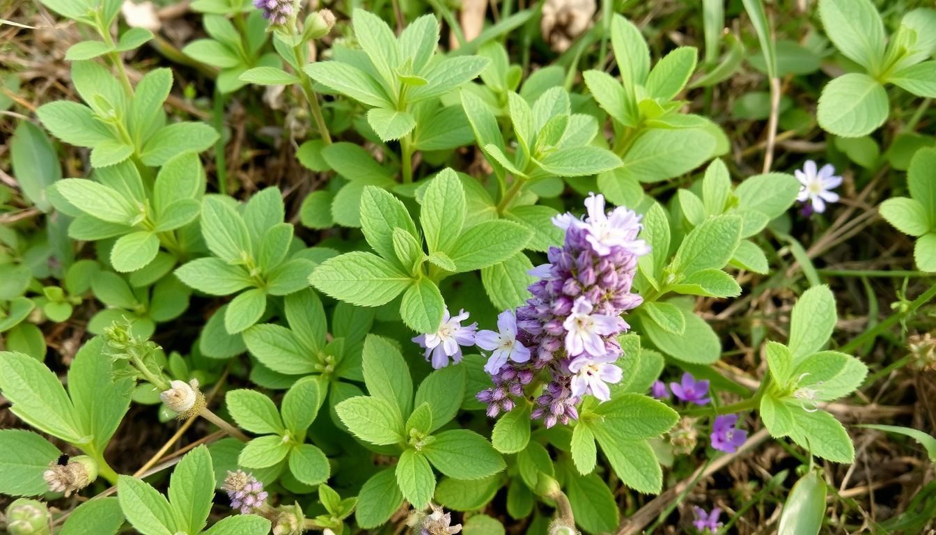 A close up of a plant with purple flowers and green leaves.