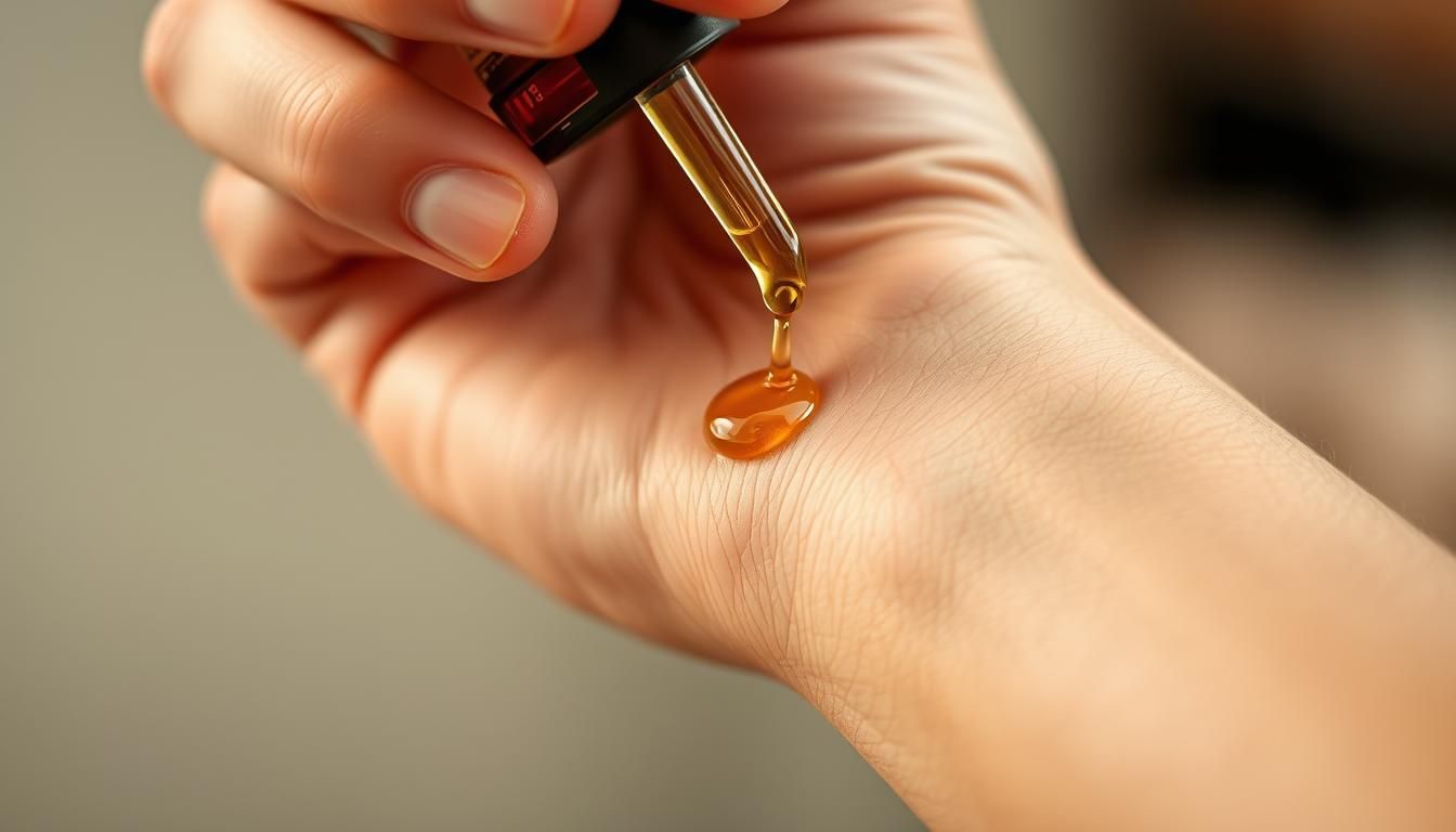 A person is applying a drop of oil to their wrist.