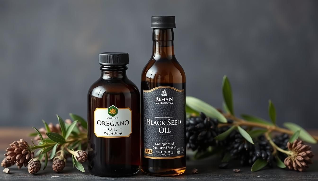 Two bottles of oil are sitting next to each other on a table.