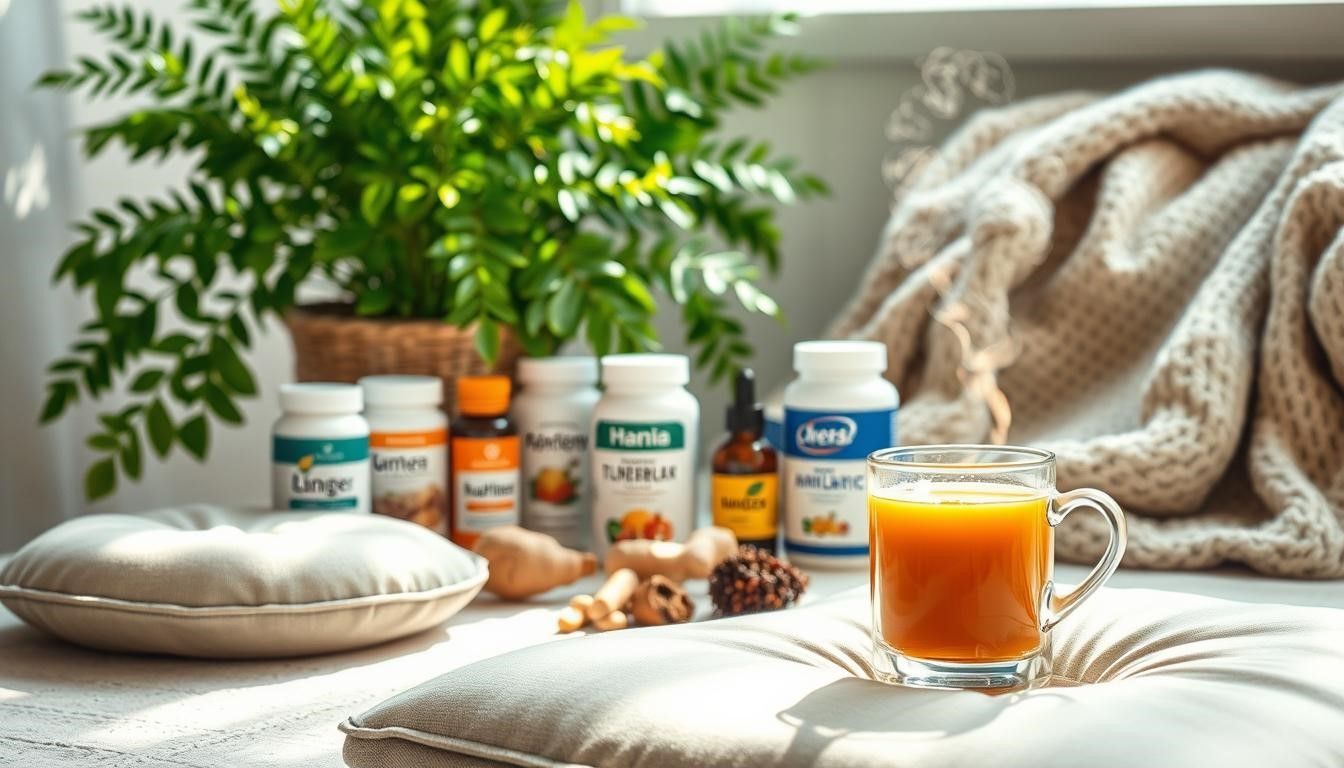 Vitamins and ginger tea on a sunlit windowsill, with a blanket and potted plant.