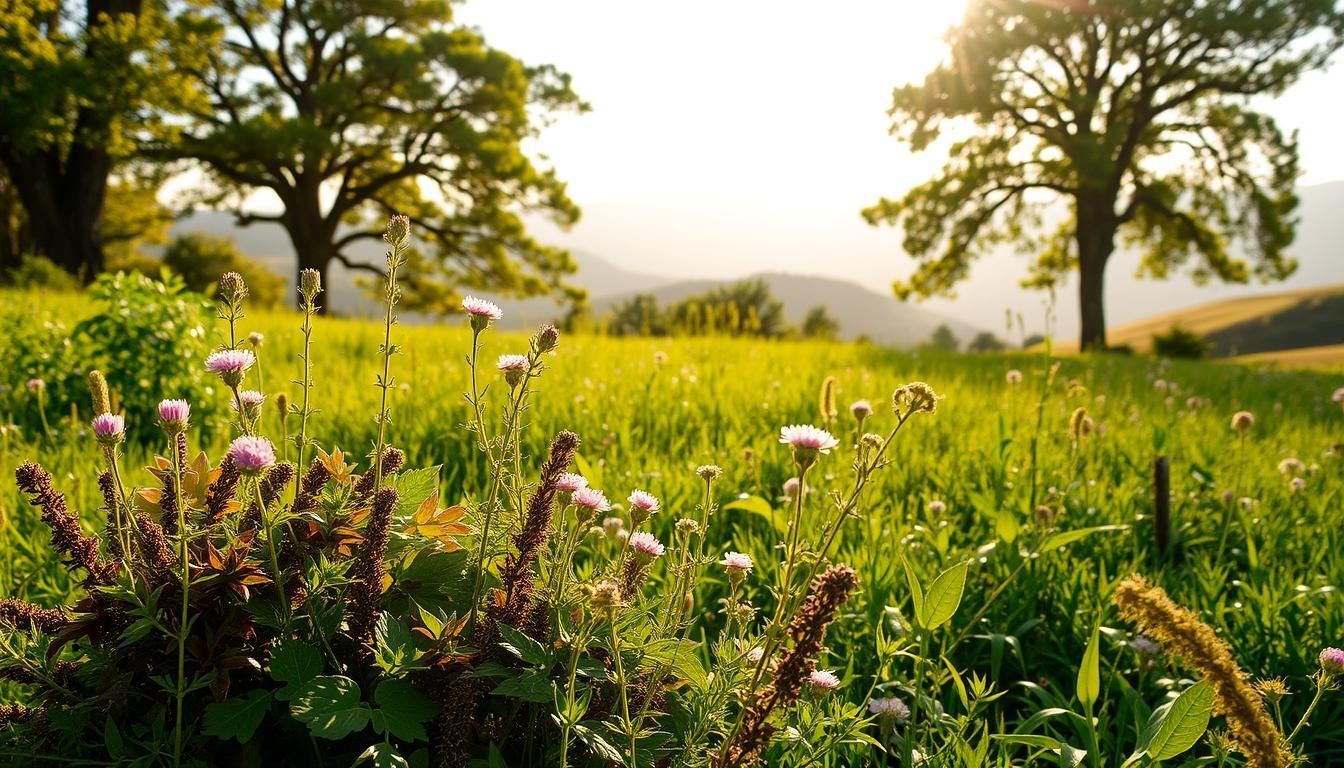 Grassy field with wildflowers under the sun, large trees in the background, hills visible in the distance.