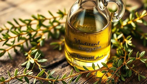 A bottle of thyme oil is sitting on a wooden table.