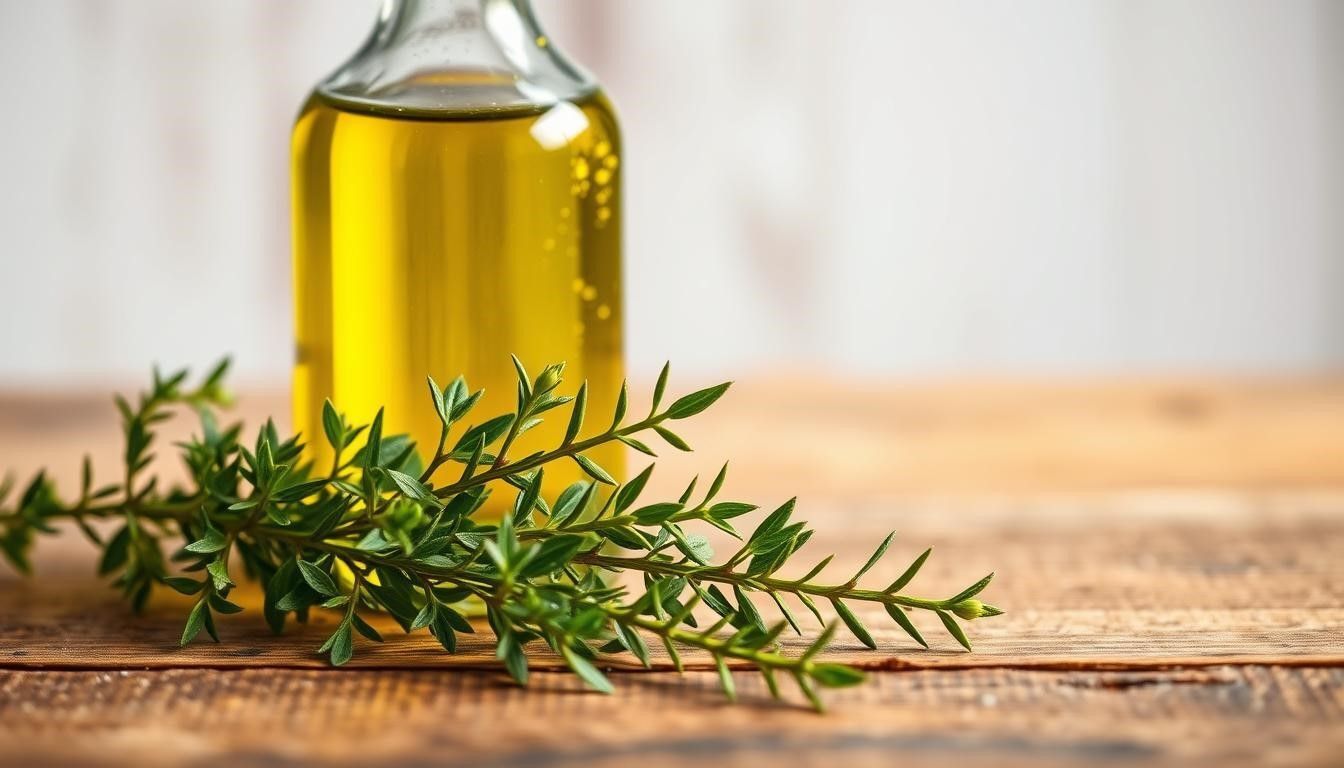 A bottle of yellow oil next to a sprig of green leaves on a wooden surface.
