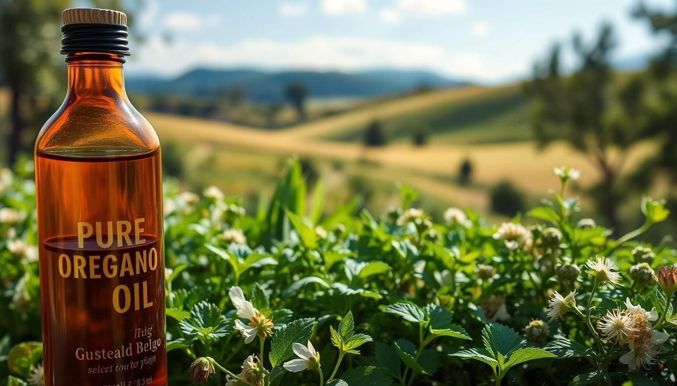 Bottle of pure oregano oil in front of green plants and rolling hills.