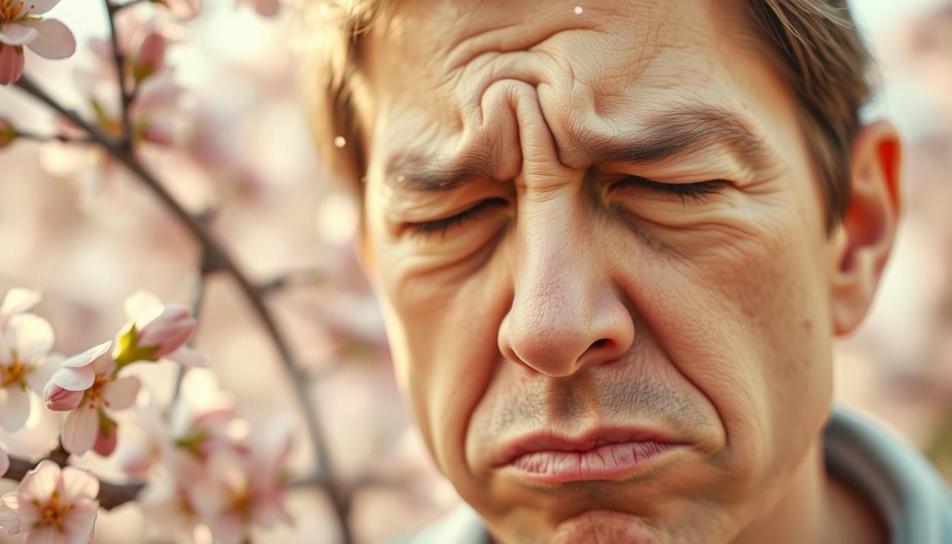 Man with closed eyes and wrinkled face near blooming flowers.