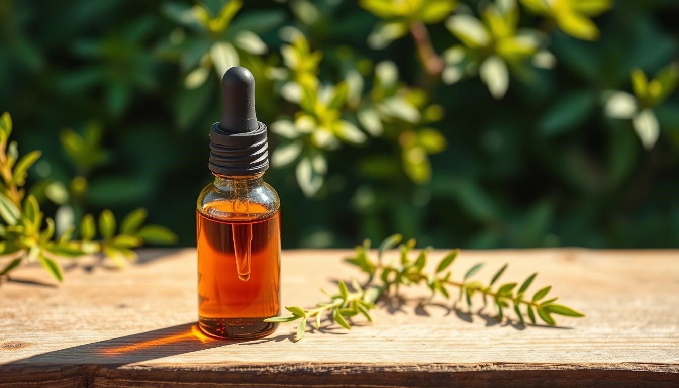 Small amber bottle with dropper, filled with liquid, sits on wood surface; green foliage in background.