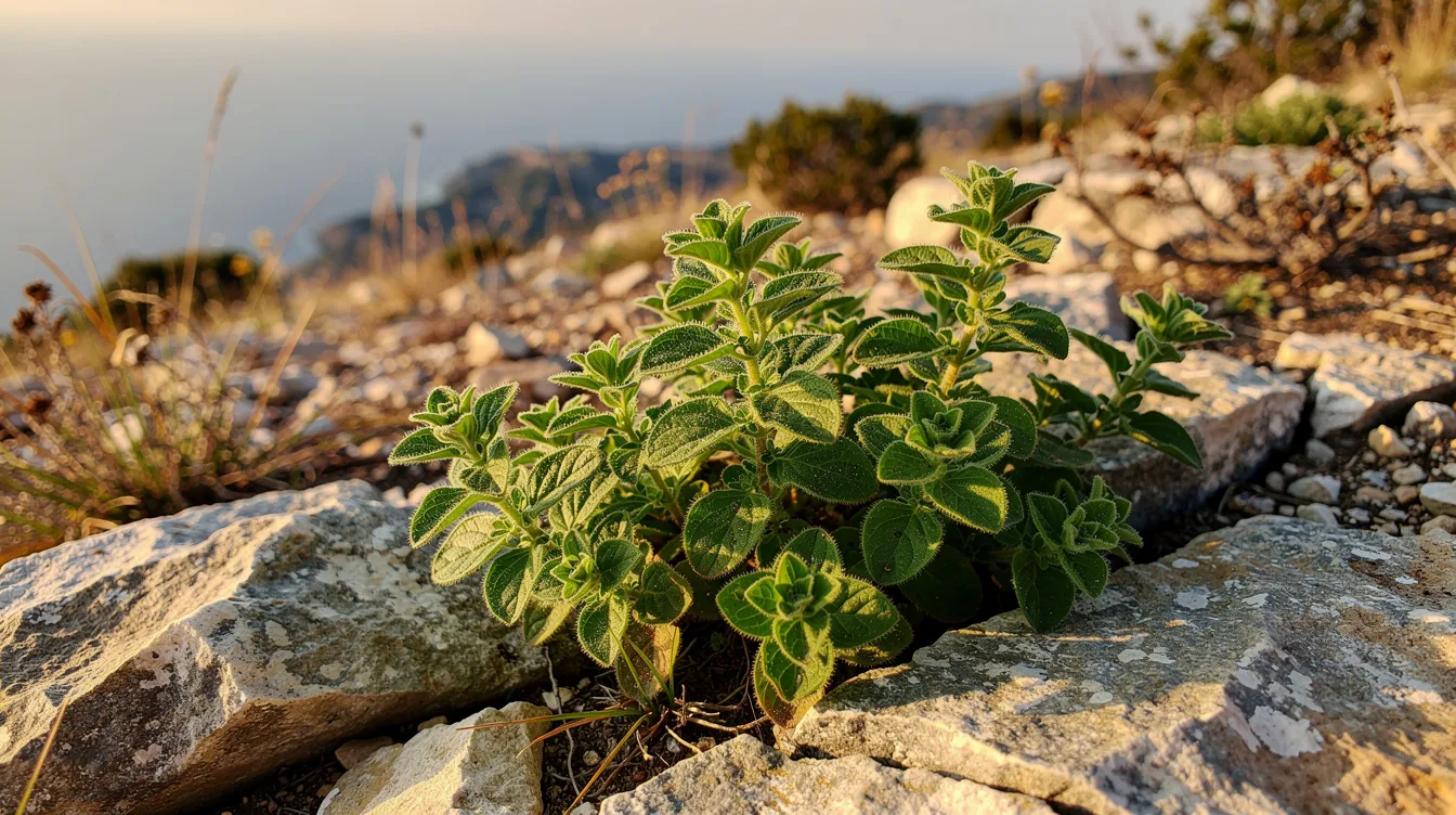 A lush oregano plant thrives on a rocky Mediterranean hillside, showcasing its vibrant green leaves and sturdy stems. This aromatic herb is known for its health benefits, including potential antimicrobial and antiviral properties, making it a popular choice for those seeking natural remedies for cold or flu symptoms.