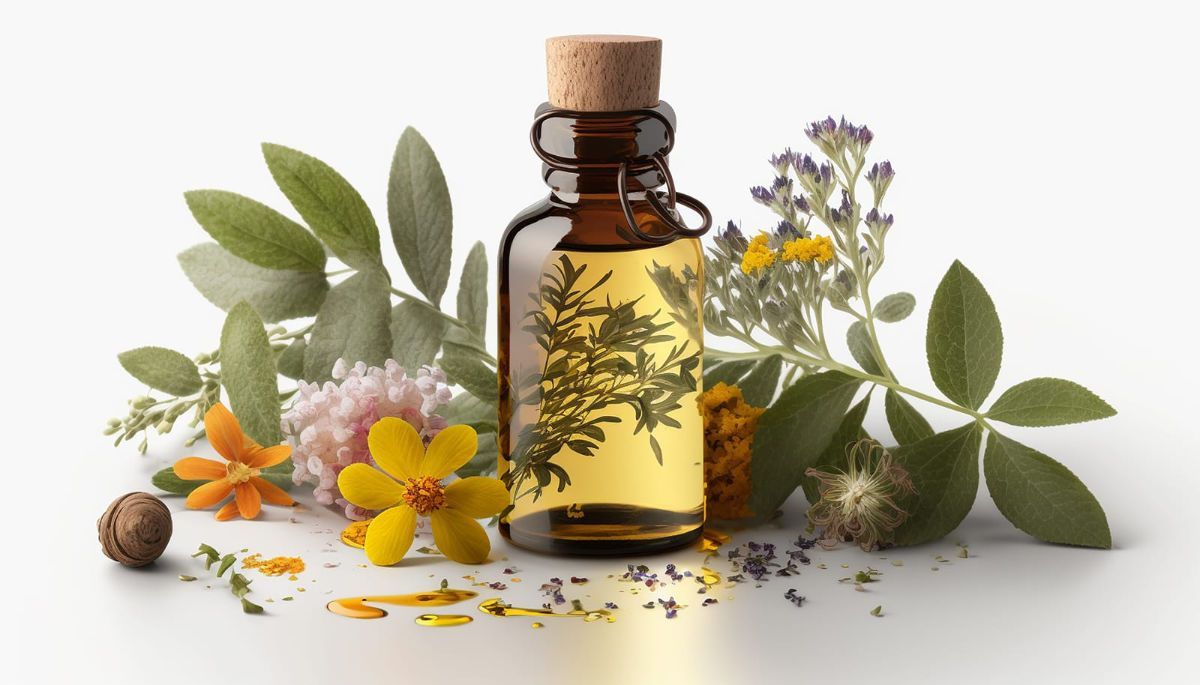 a bottle of oregano oil surrounded by flowers and leaves .