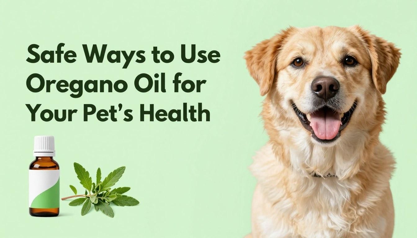 A golden retriever smiles next to a bottle and sprig of oregano, titled 