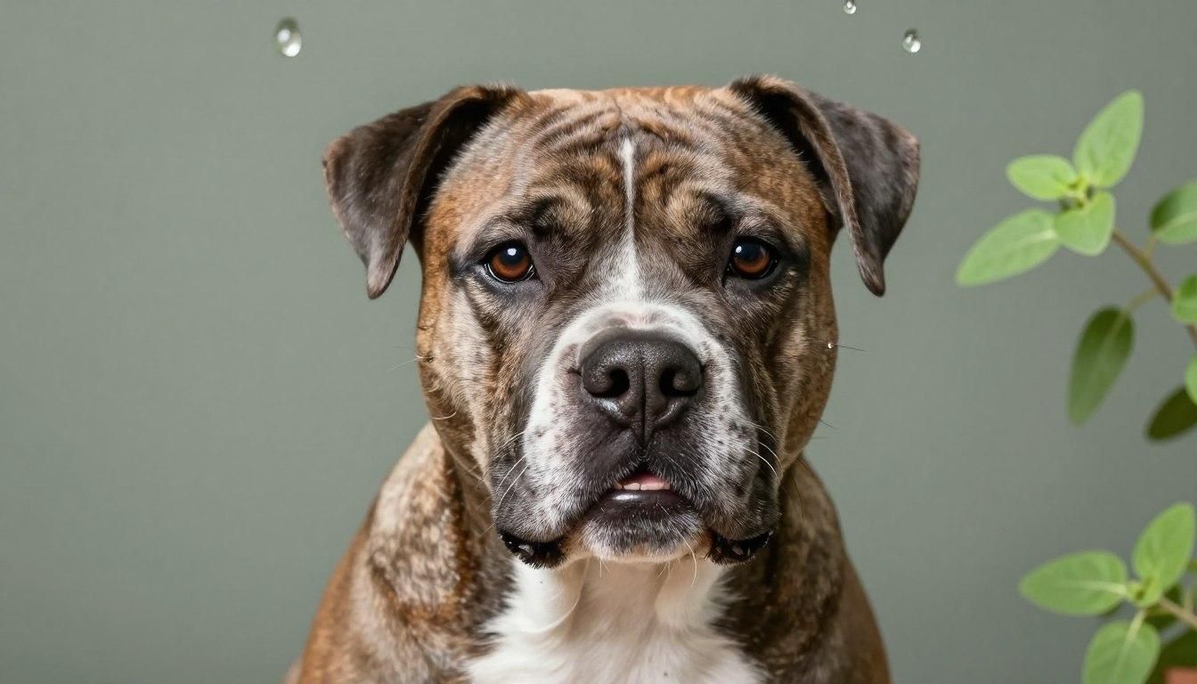 Brindle and white dog with droplets of water, looking at the camera against a green background with a plant.