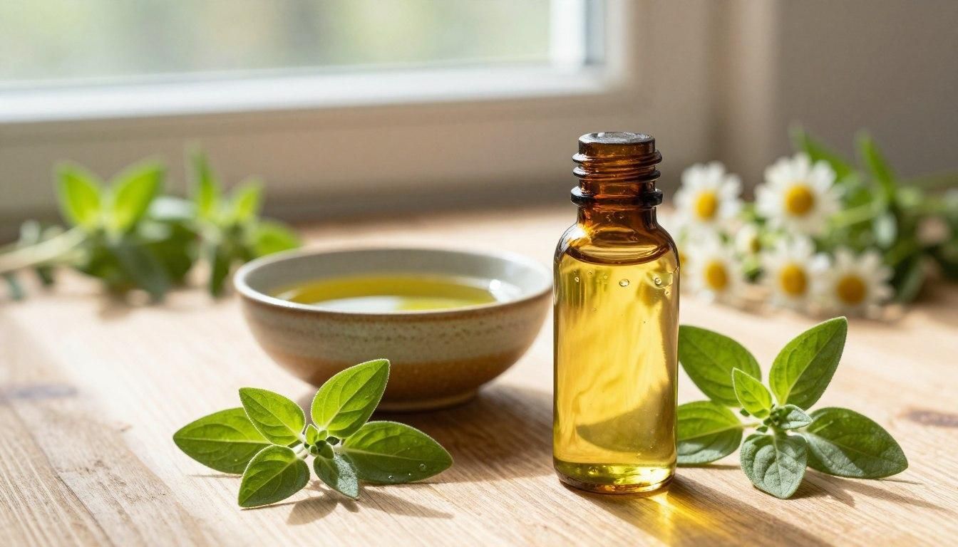 Amber essential oil bottle with bowl of oil, surrounded by green leaves and white flowers.