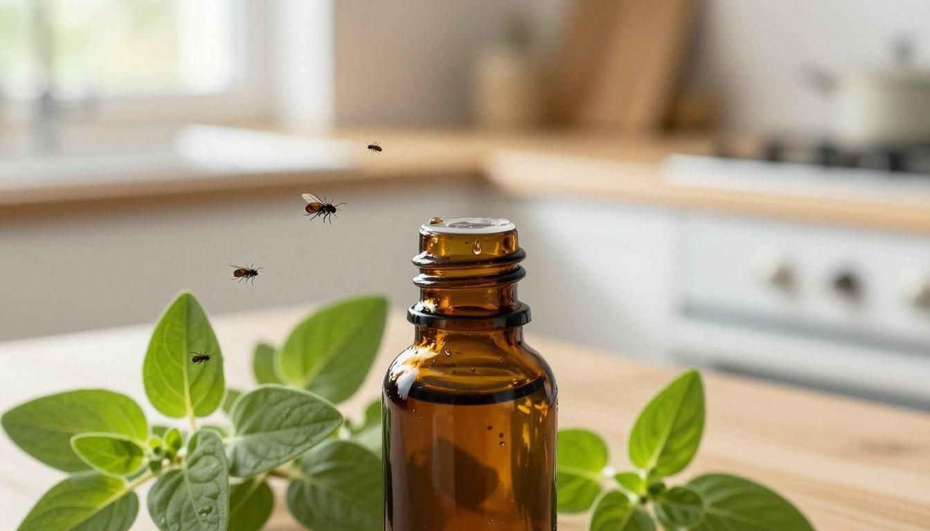Brown bottle with herbs and flying insects on a wooden counter in a kitchen.