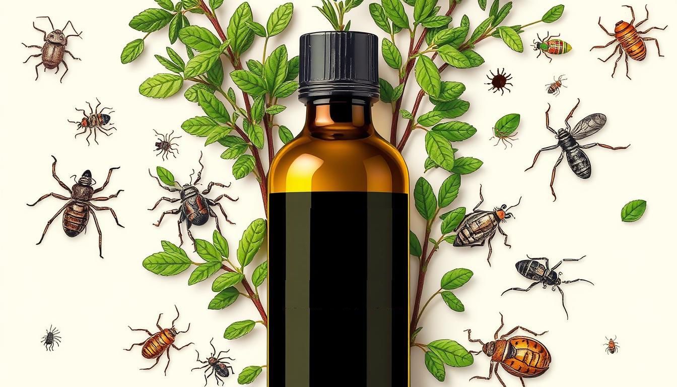 A bottle of essential oil is surrounded by bugs and leaves.