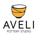 Logo for Aveli Pottery Studio: Stacked gold bowls, black text.