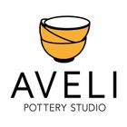 Logo for Aveli Pottery Studio: Stacked gold bowls, black text.