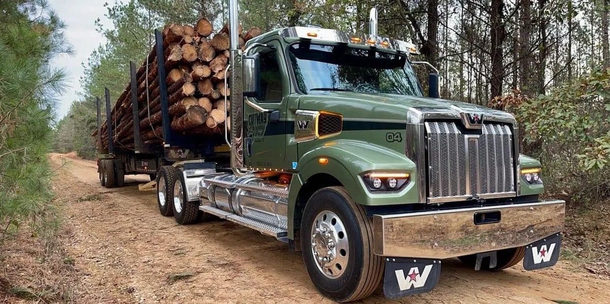 Green Western Star logging truck hauling logs on a dirt road.
