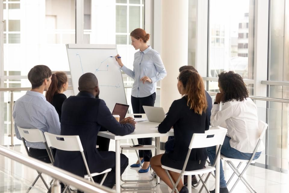 a lady explaining the graph to the team