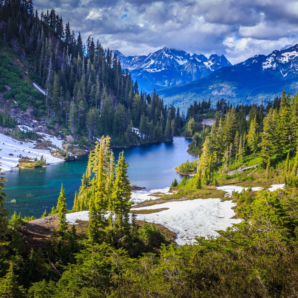 A lake in the middle of a forest with mountains in the background