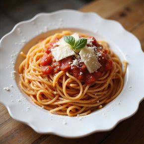 Spaghetti with red tomato sauce, Parmesan cheese, and basil leaves.