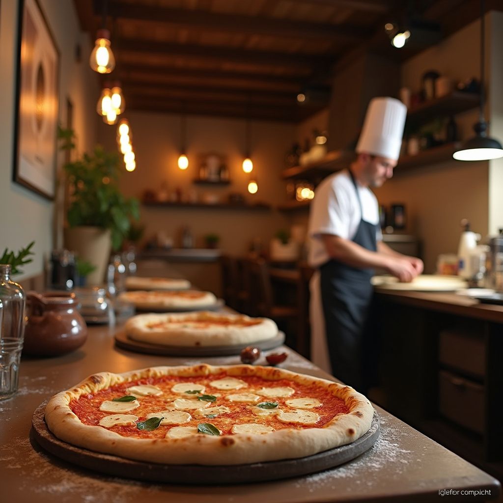 Pizzas on a counter with a chef 