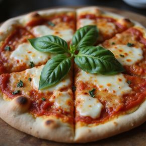 Pizza Margherita, sliced, with mozzarella, tomato sauce, and basil garnish.