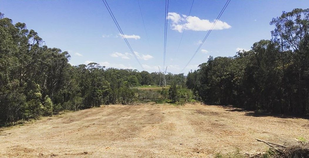 A field with power lines going through it and trees in the background.