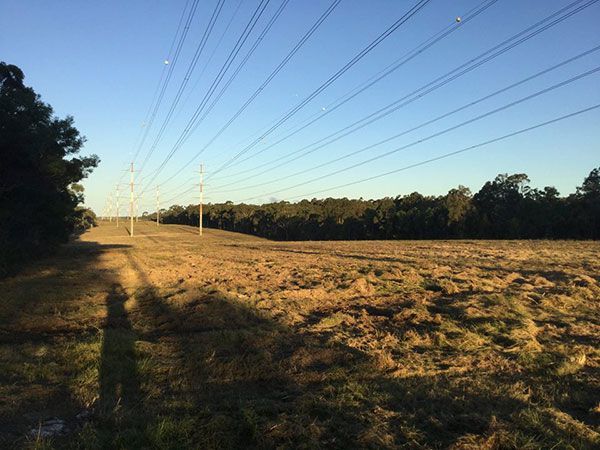 A field with a lot of power lines going through it