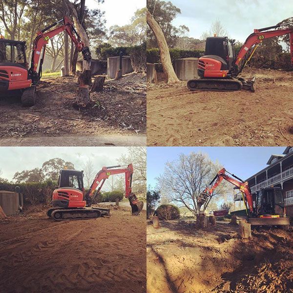 A collage of four pictures of an excavator in a dirt field