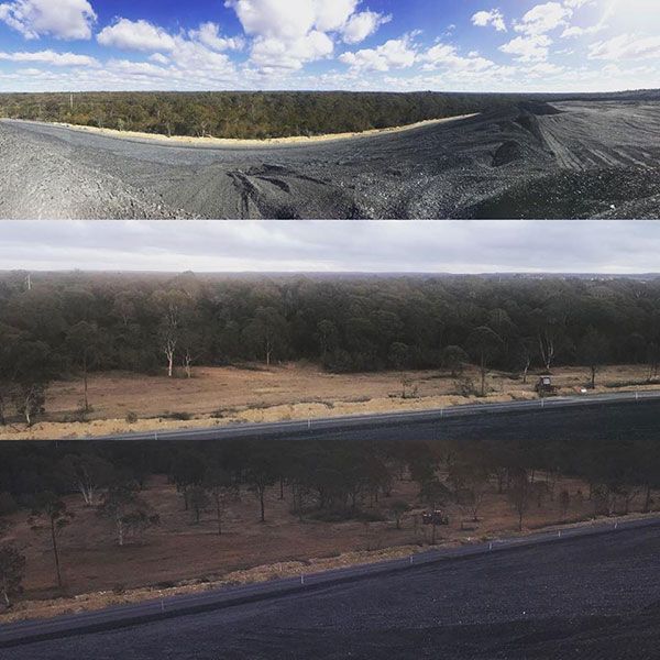 A collage of two pictures of a landscape with trees and a road.